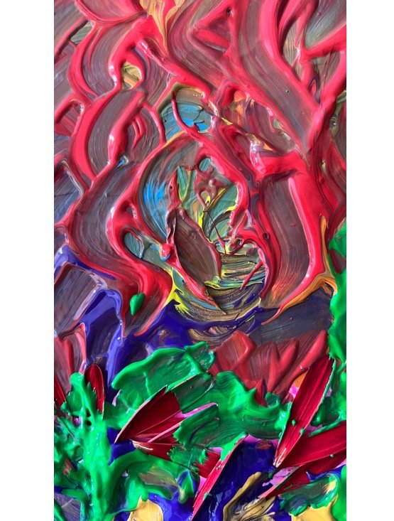 Genesis. Watercolor on paper. This piece explores the organic energy of creation, using vibrant crimson and emerald tones to depict a blossoming of life. 2026